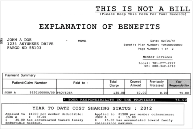 Example health insurance explaination of benefits document